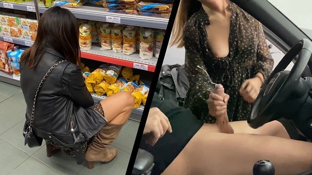 Женщина в платье и в черной куртке подрочила член мужика через окно автомобиля